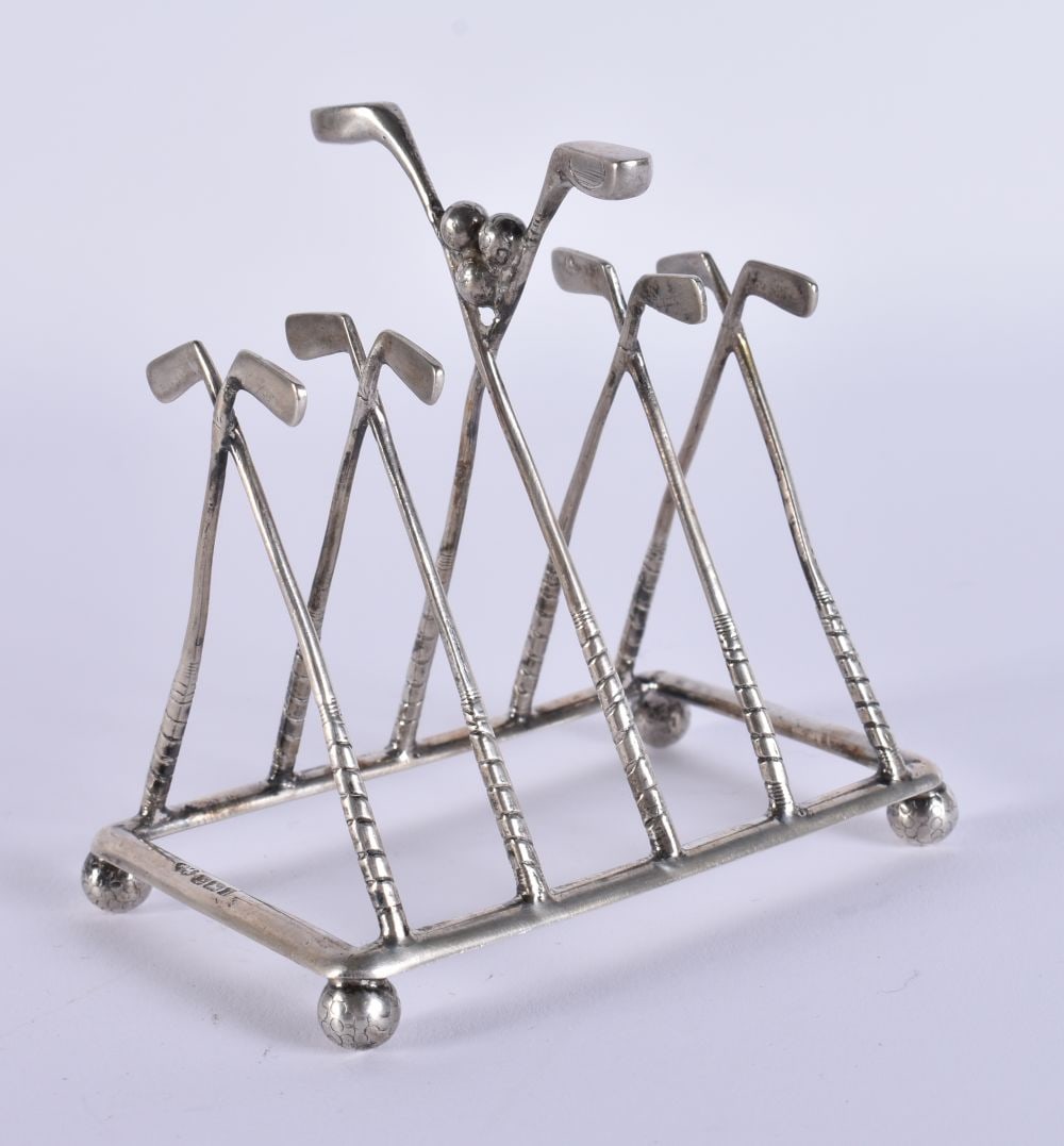 AN ANTIQUE GOLFING SILVER TOAST RACK. 72 grams. 9 cm x 8 cm. (1 of 4)