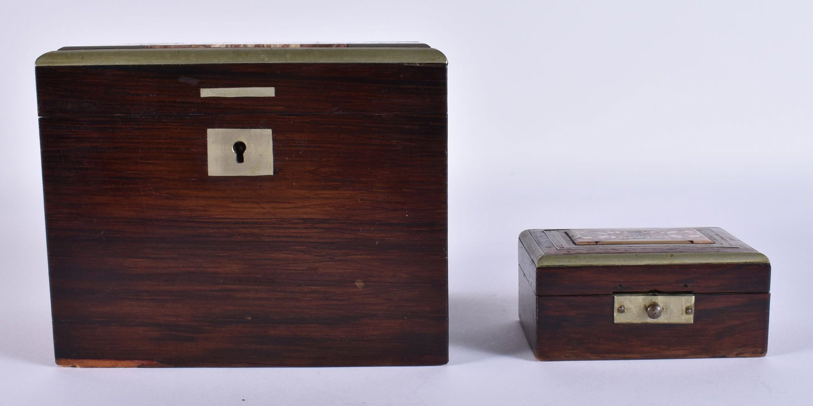 AN ANTIQUES KARLSBAD MIXED HARDSTONE ROSEWOOD TEA CADDY together with a smaller box. Largest 14 cm x (1 of 6)