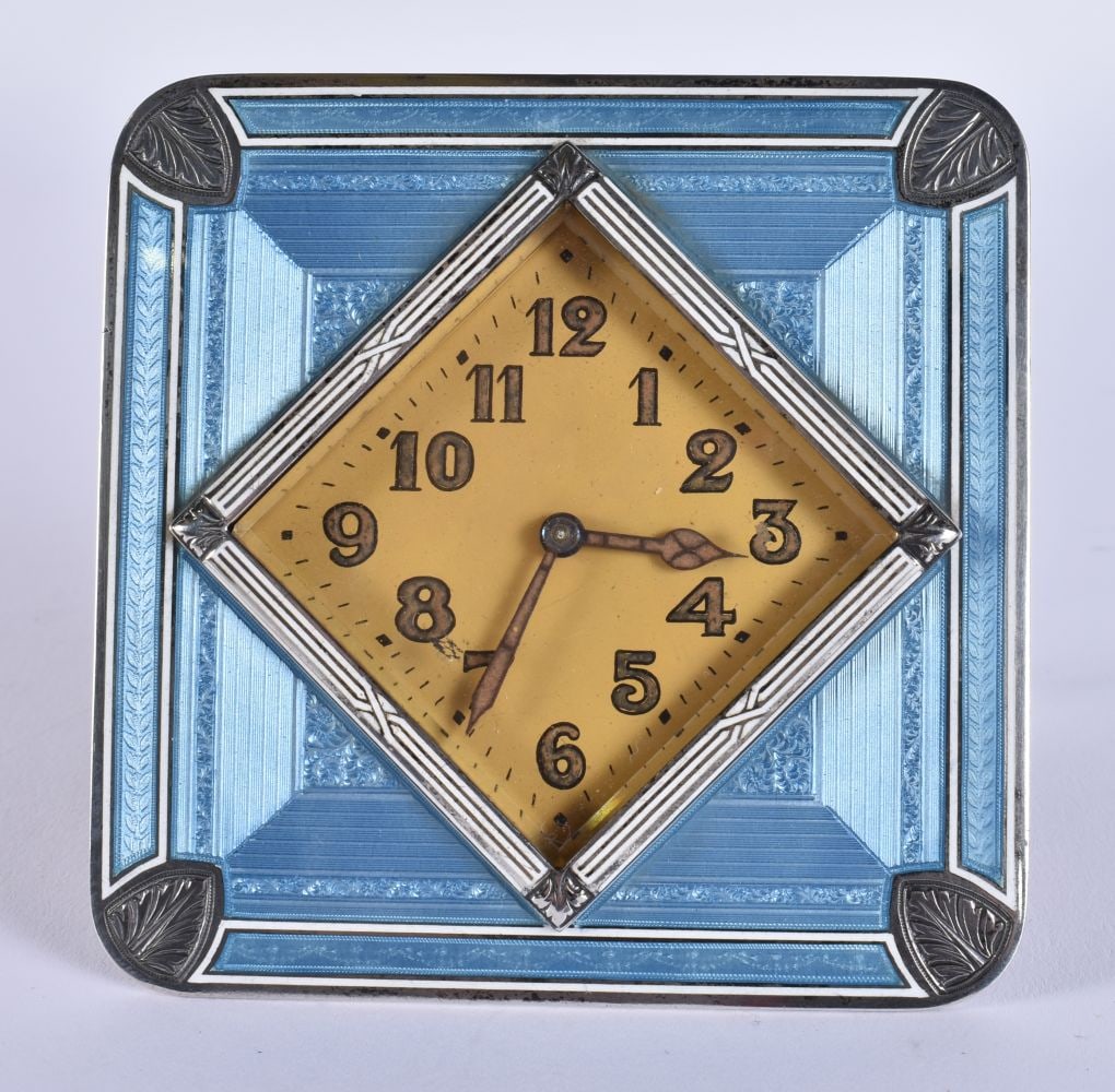 AN ART DECO SILVER AND ENAMEL STRUT CLOCK. Running. 8.5 cm wide. (1 of 4)