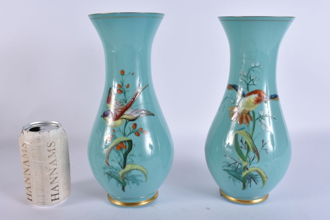 A PAIR OF LATE VICTORIAN OPALINE GLASS VASES. 26.5 cm high. (1 of 7)