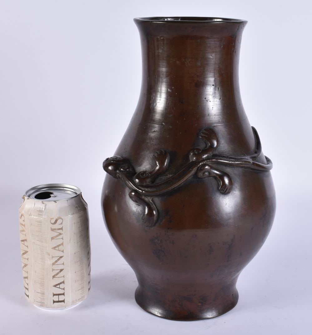 AN 18TH/19TH CENTURY CHINESE BRONZE VASE Qing, overlaid with a chilong dragon. 28 cm high. (1 of 6)
