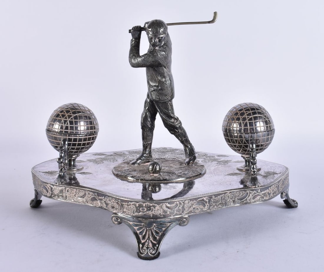 AN UNUSUAL ANTIQUES JAMES DEAKIN & SONS SILVER PLATED GOLFING INKWELL. 22 cm x 18 cm. (1 of 6)