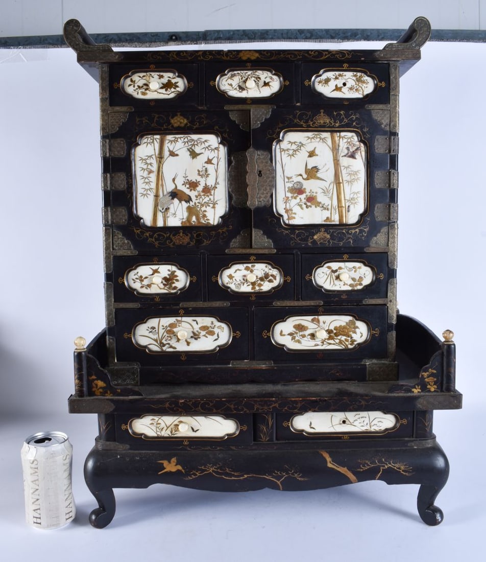 A 19TH CENTURY JAPANESE MEIJI PERIOD SHIBAYAMA INLAID CABINET decorated with birds and foliage. 64 c (1 of 8)