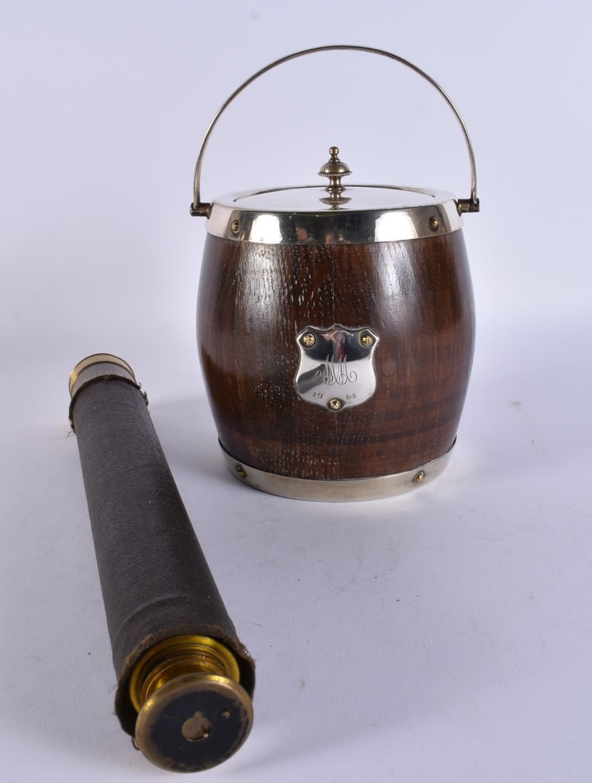 A BOYS FRIEND TELESCOPE together with an oak biscuit barrel. Largest 68 cm long extended. (2) (1 of 7)