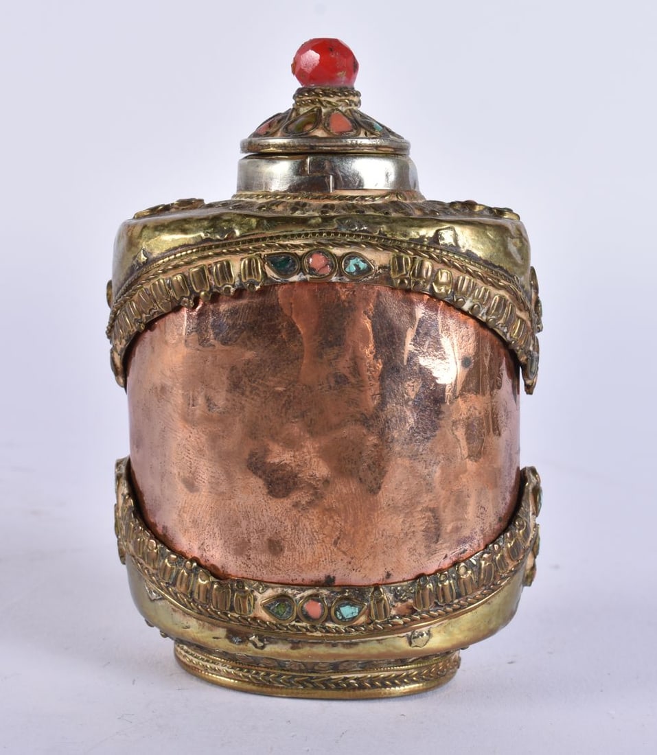 AN ANTIQUE TIBETAN MIXED METAL CORAL AND TURQUOISE INSET SNUFF BOTTLE. 9.5 cm x 6.5 cm. (1 of 6)
