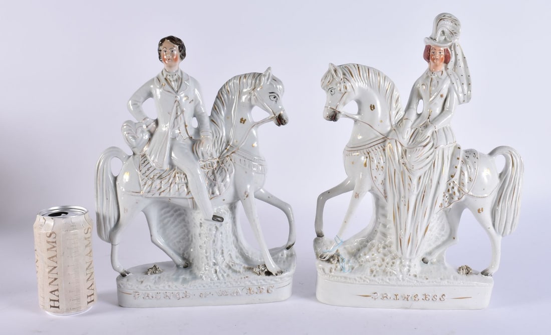 A LARGE PAIR OF VICTORIAN STAFFORDSHIRE PRINCE AND PRINCESS FIGURES. 34 cm x 18 cm. (1 of 8)