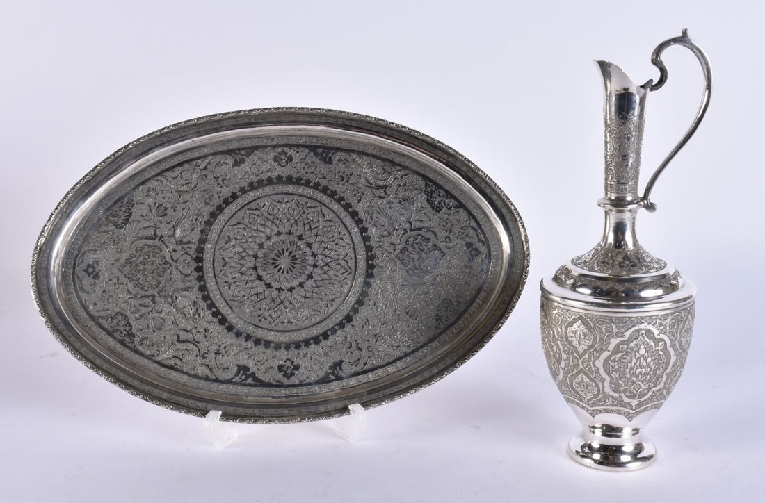 A FINE ISLAMIC PERSIAN MIDDLE EASTERN SILVER EWER AND TRAY. 676 grams. Largest 27 cm wide. (2) (1 of 6)