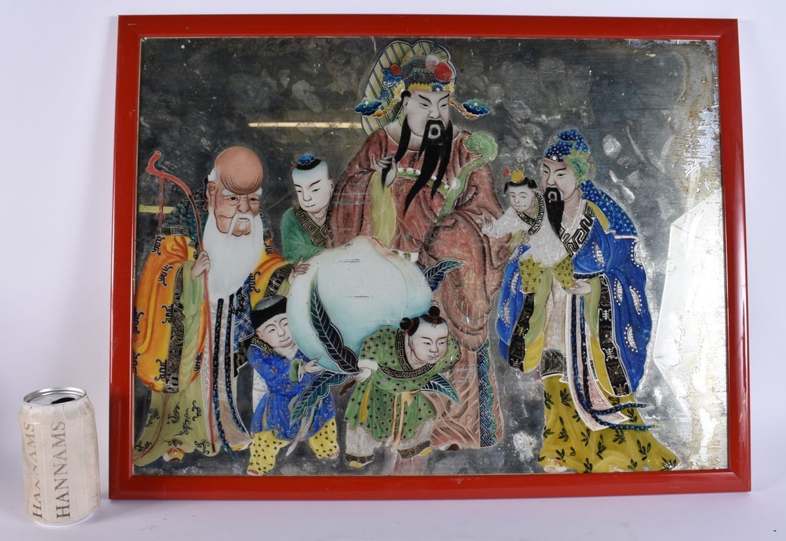 A CHINESE QING DYNASTY PAINTED MIRRORED PANEL depicting figures. 64 cm x 46 cm. (1 of 5)