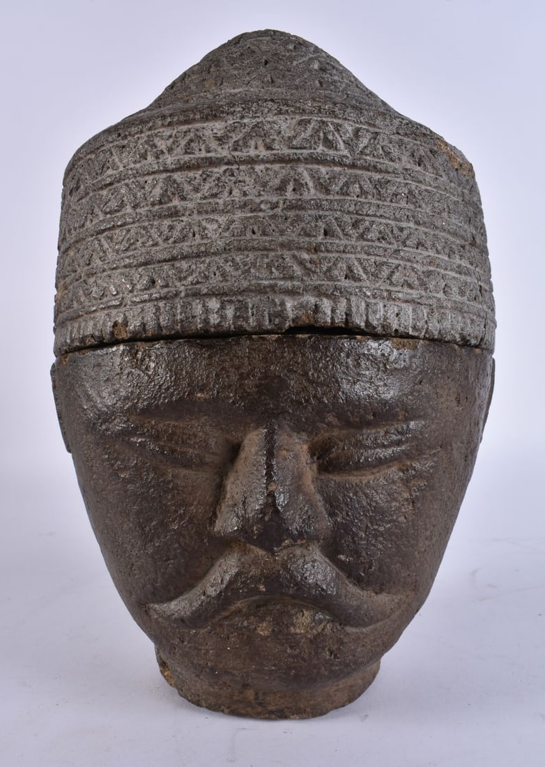 AN EARLY SOUTH EAST ASIAN CAMBODIAN STONE JAR AND COVER formed as a male head. 28 cm x 14 cm. (1 of 7)