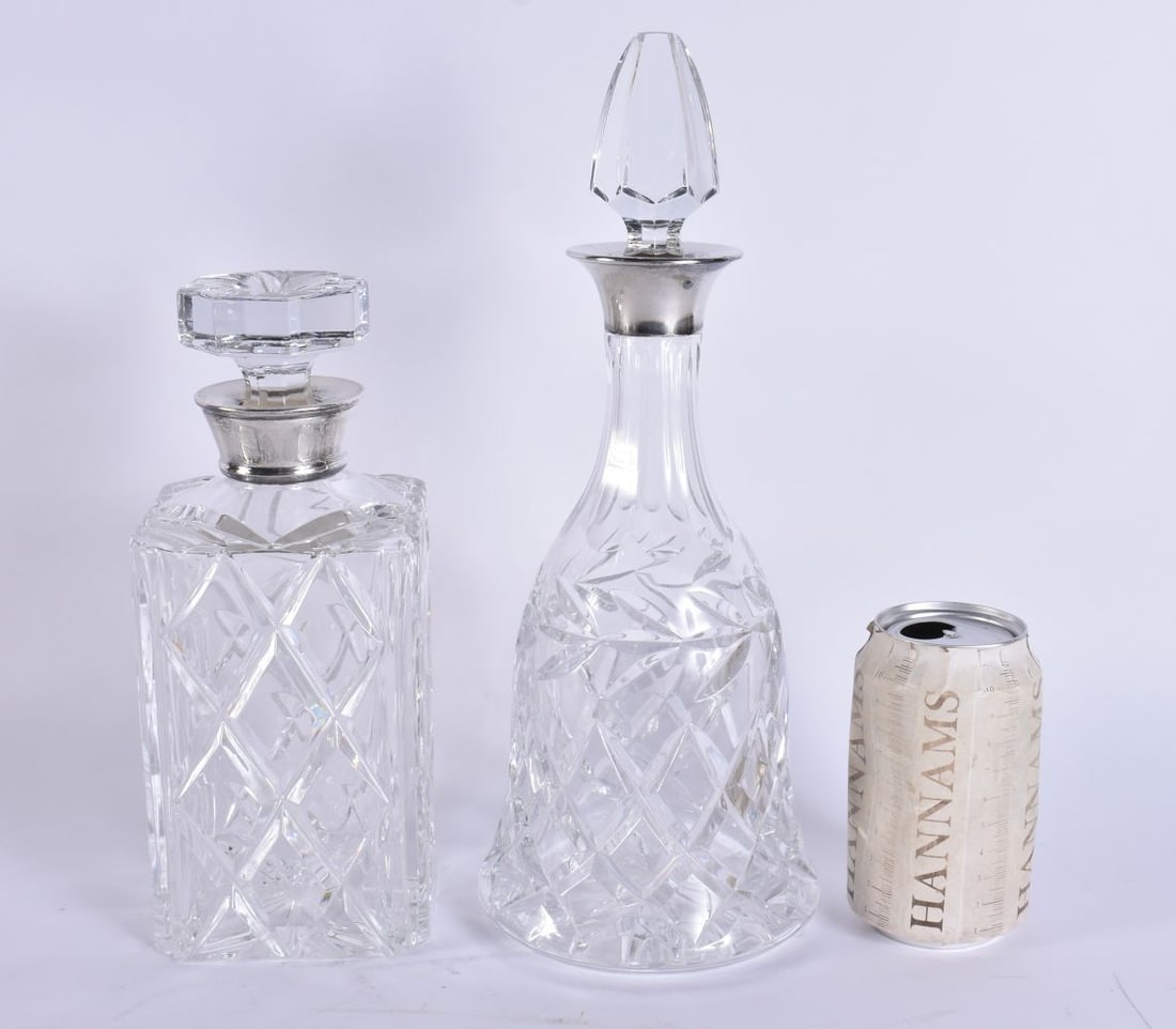 TWO SILVER MOUNTED GLASS DECANTERS. Largest 33 cm high. (2) (1 of 6)