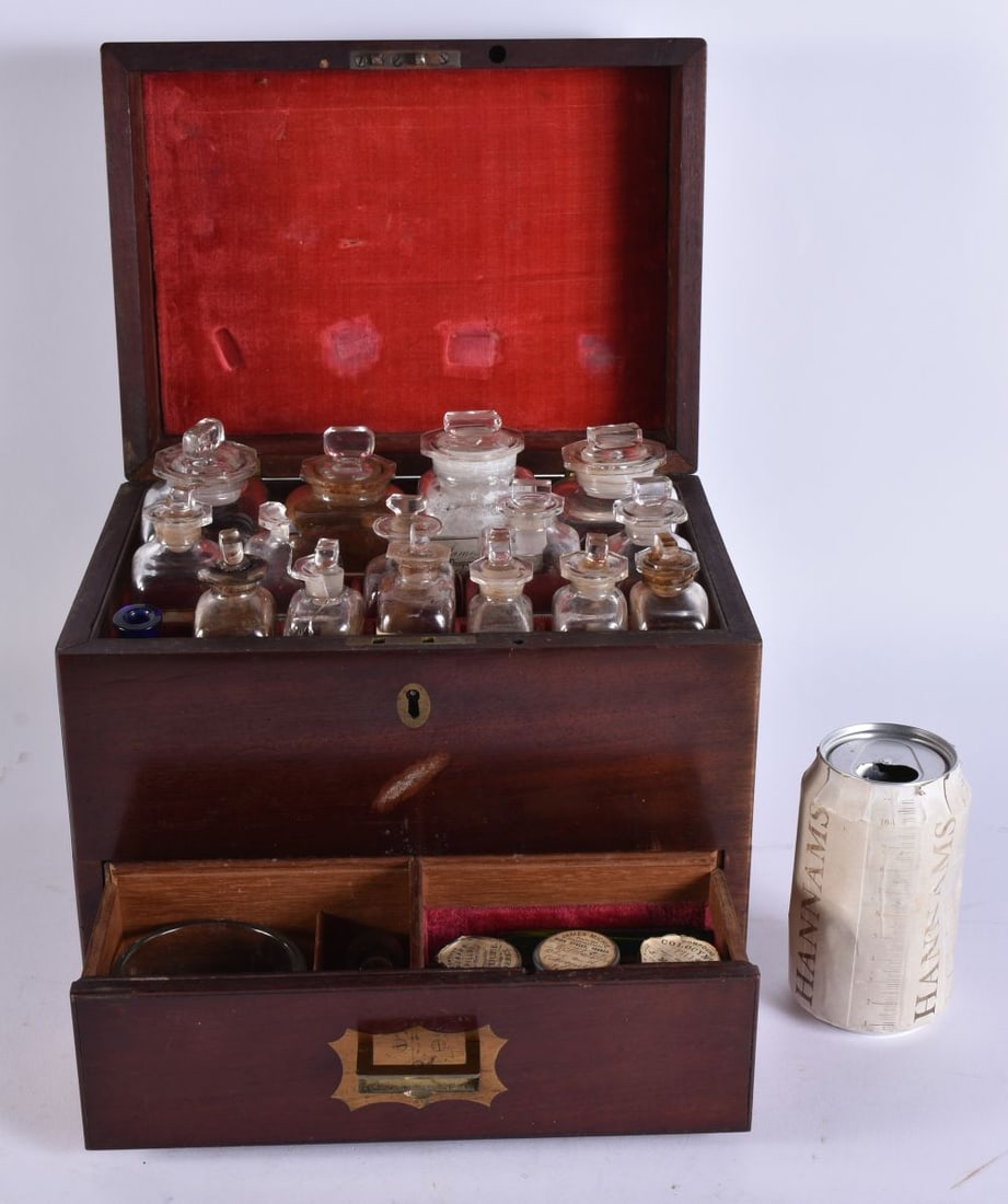 A VICTORIAN APOTHECARY SET. 24 cm x 26 cm x 18 cm. (1 of 6)