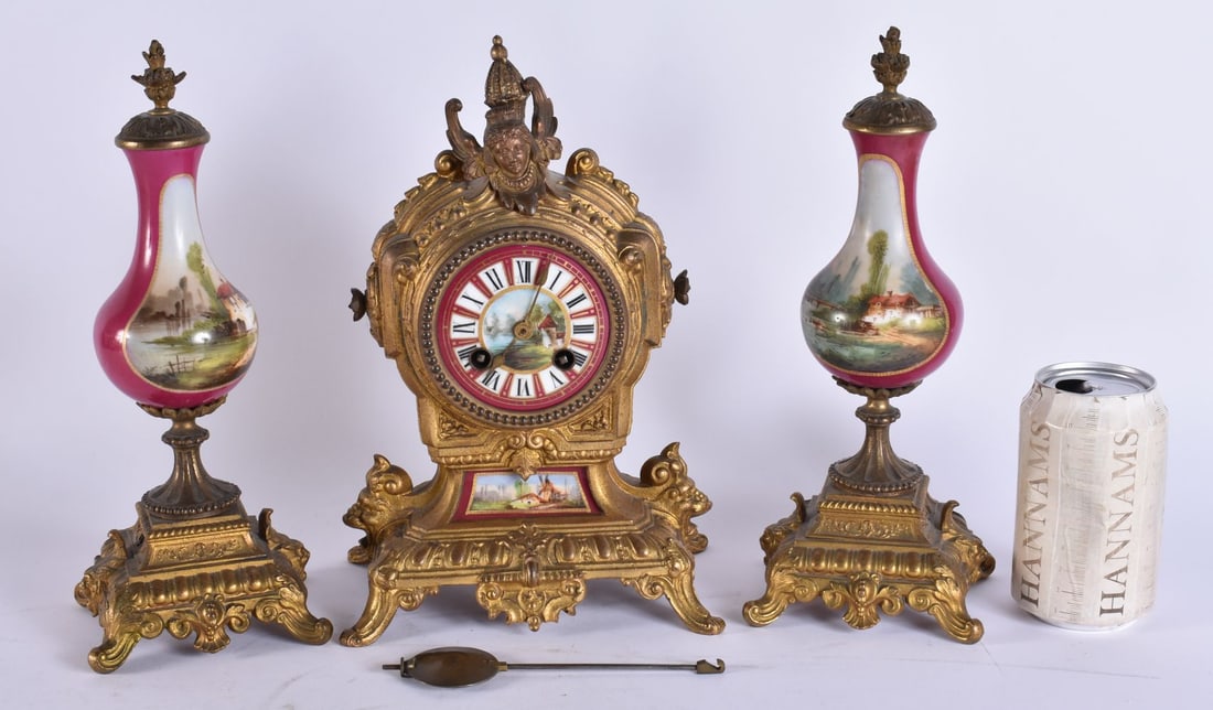 AN ANTIQUE FRENCH CLOCK GARNITURE. Largest 27 cm x 15 cm. (3) (1 of 6)