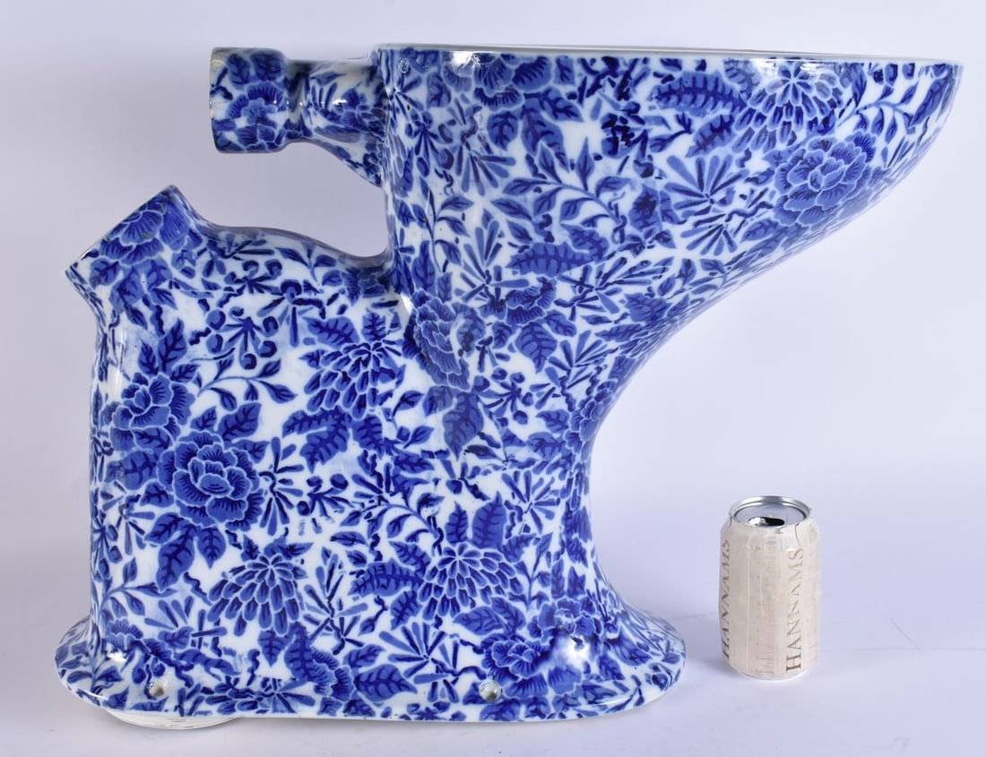 A LARGE DOULTON FLOW BLUE POTTERY LAVATORY TOILET. 40 cm x 50 cm. (1 of 6)
