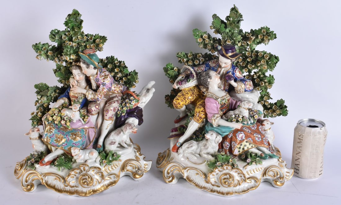 A RARE PAIR OF 19TH CENTURY FRENCH SAMSONS OF PARIS PORCELAIN FIGURES modelled as lovers beside anim (1 of 7)