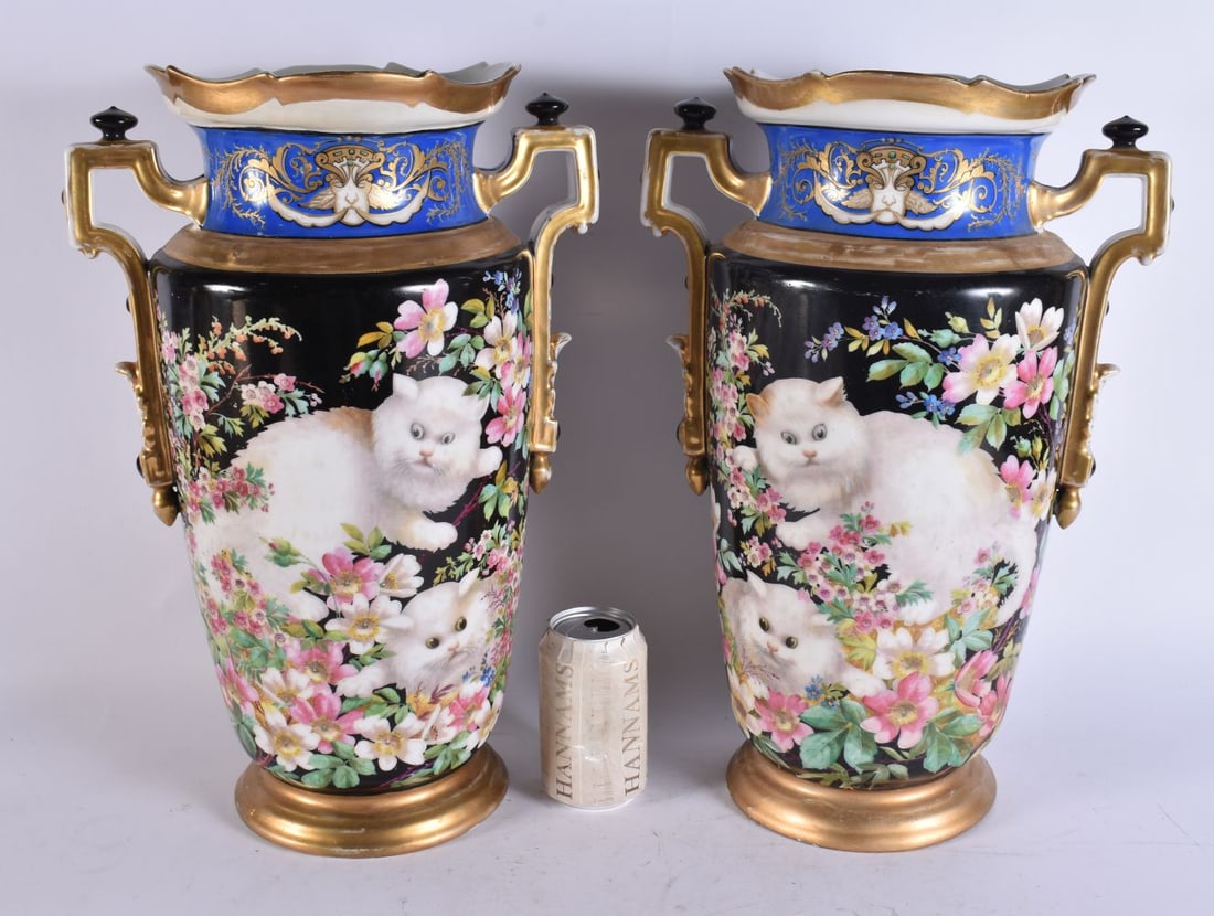 A VERY RARE LARGE PAIR OF LATE 19TH CENTURY FRENCH PORCELAIN VASES painted with cats and flowers on (1 of 7)