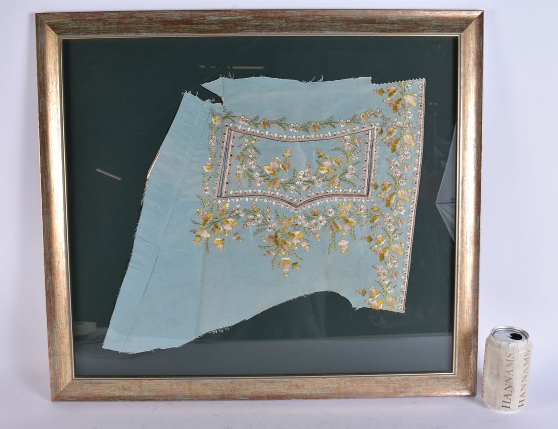 AN ANTIQUE FRAMED EASTERN EMBROIDERED SILK TEXTILE. 58 cm x 68 cm. (1 of 5)