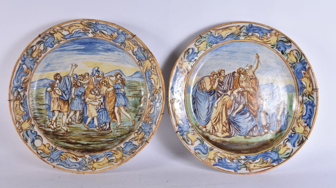 A LARGE PAIR OF 19TH CENTURY ITALIAN MAJOLICA FAIENCE DISHES painted with figures. 43 cm wide. (1 of 7)