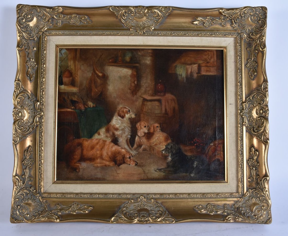 English School (19th Century) Oil on canvas, Dogs within an interior. 53 cm x 47 cm, image 38 cm x 3: English School (19th Century) Oil on canvas, Dogs within an interior. 53 cm x 47 cm, image 38 cm x 30 cm.