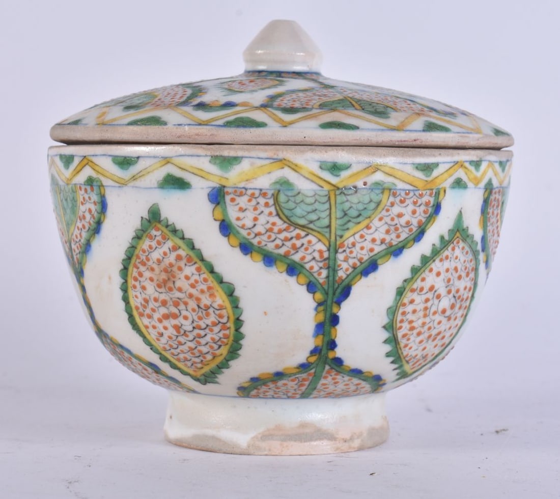 A TURKISH KUTAHYA POTTERY SWEET JAR AND COVER painted with motifs. 12 cm wide. (1 of 5)