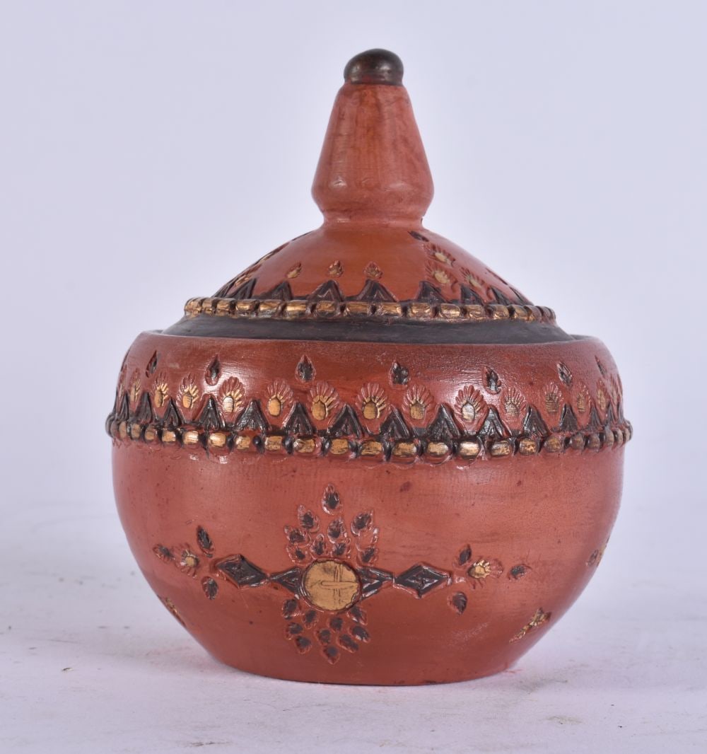 A TURKISH TOPHANE RED POTTERY JAR AND COVER. 12 cm x 9 cm. (1 of 4)