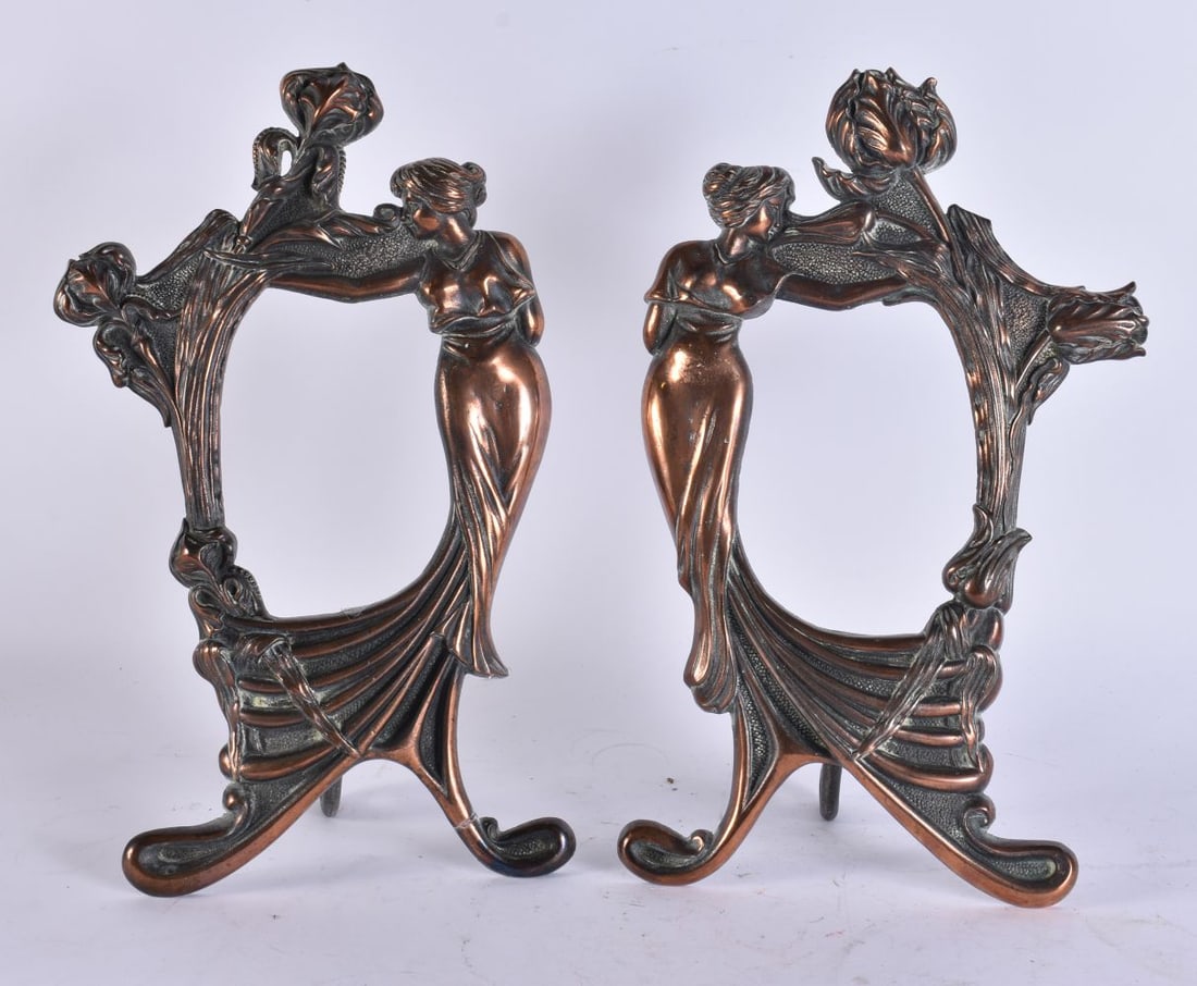 A PAIR OF ART NOUVEAU BRONZE MAIDEN FRAMES. 35 cm x 15 cm. (1 of 7)