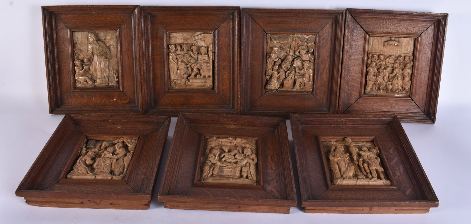 A LOVELY SET OF SEVEN 16TH/17TH CENTURY CARVED ALABASTER PLAQUES probably Flemish, modelled with var (1 of 15)