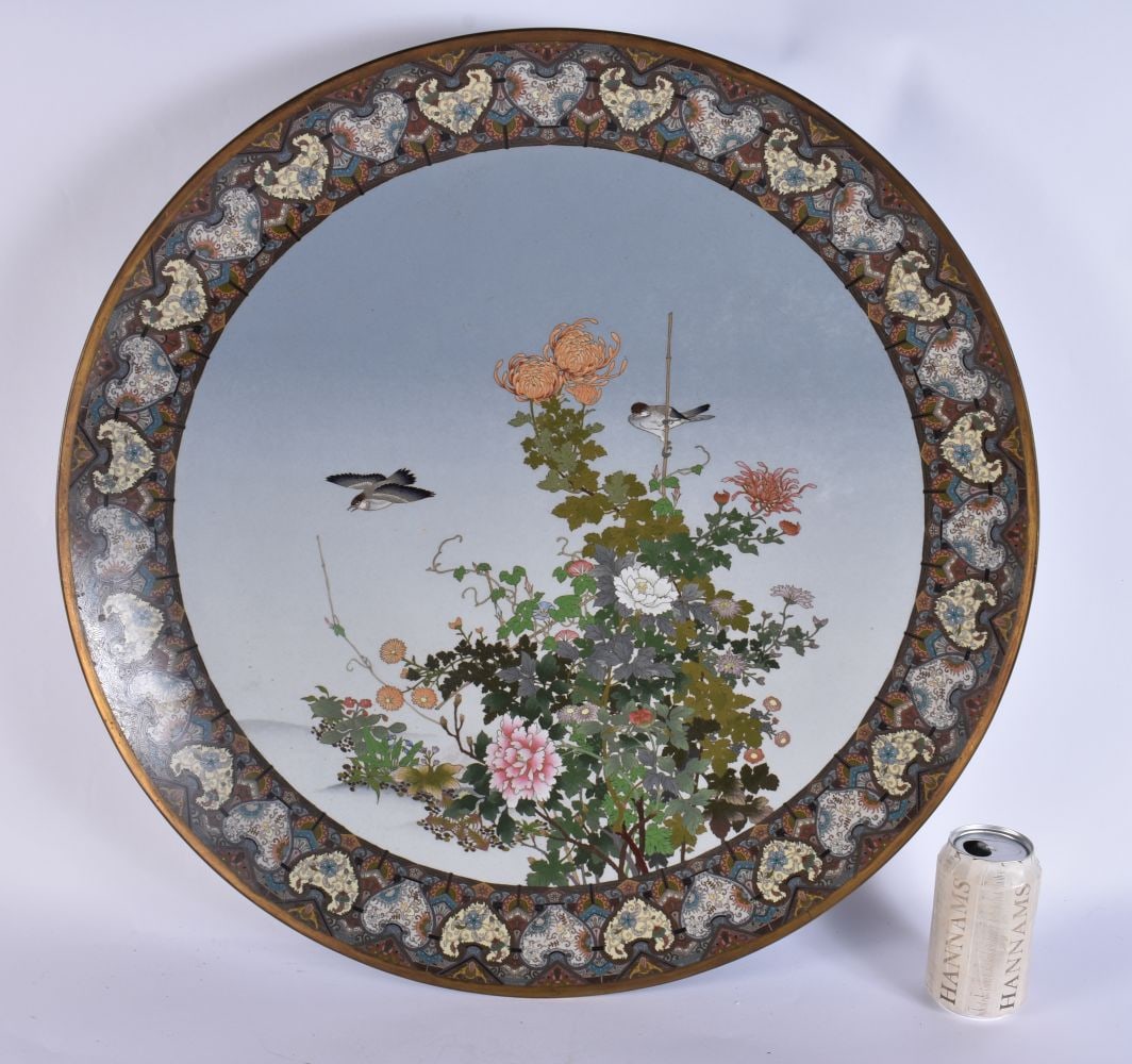 A MONUMENTAL LATE 19TH CENTURY JAPANESE MEIJI PERIOD CLOISONNE ENAMEL DISH decorated with birds in f (1 of 11)