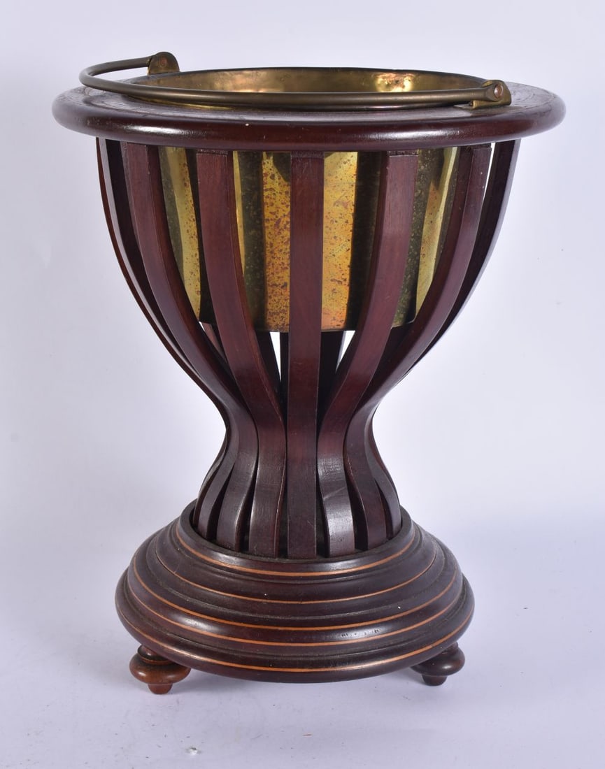 AN EDWARDIAN FRUITWOOD INLAID BRASS BUCKET. 40 cm high inc handle. (1 of 5)
