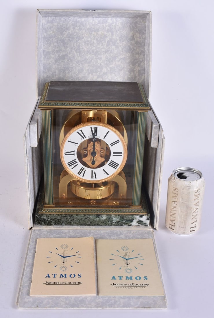 A JAEGER LE COULTRE BRONZE AND MARBLE ATMOS CLOCK. 24 cm x 18 cm. (1 of 6)