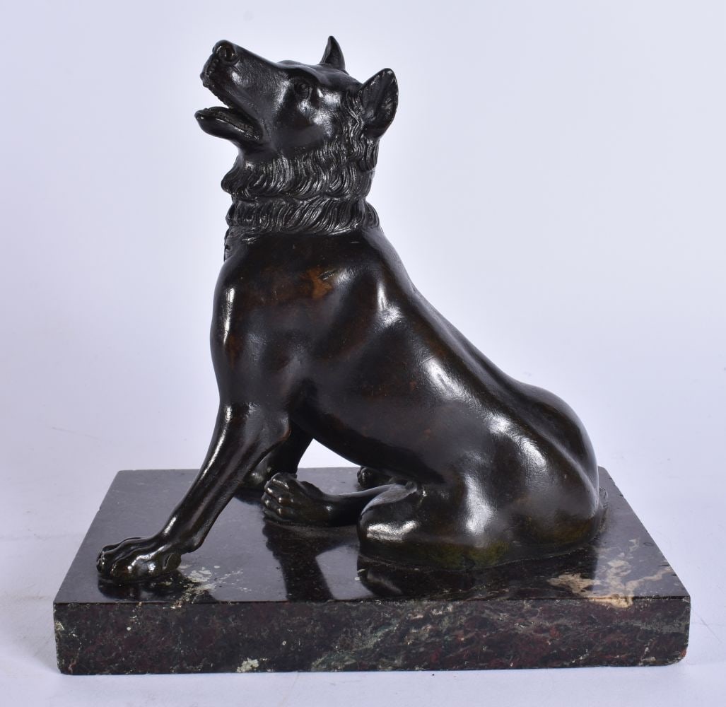 A FINE 19TH CENTURY EUROPEAN GRAND TOUR BRONZE FIGURE OF A DOG modelled upon a bloodstone base. 17 c (1 of 12)