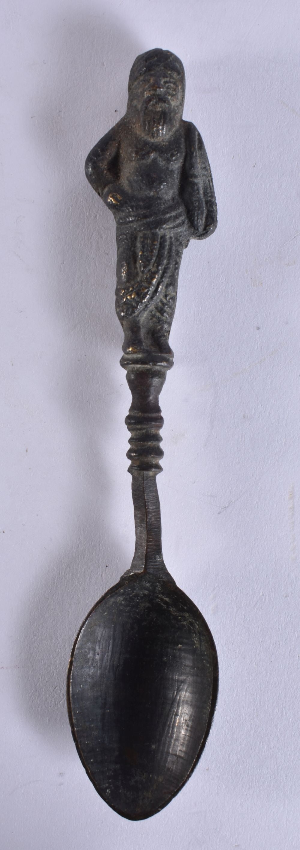 AN EARLY EUROPEAN BRONZE FIGURAL SPOON possibly antiquity. 15.5 cm long. (1 of 3)
