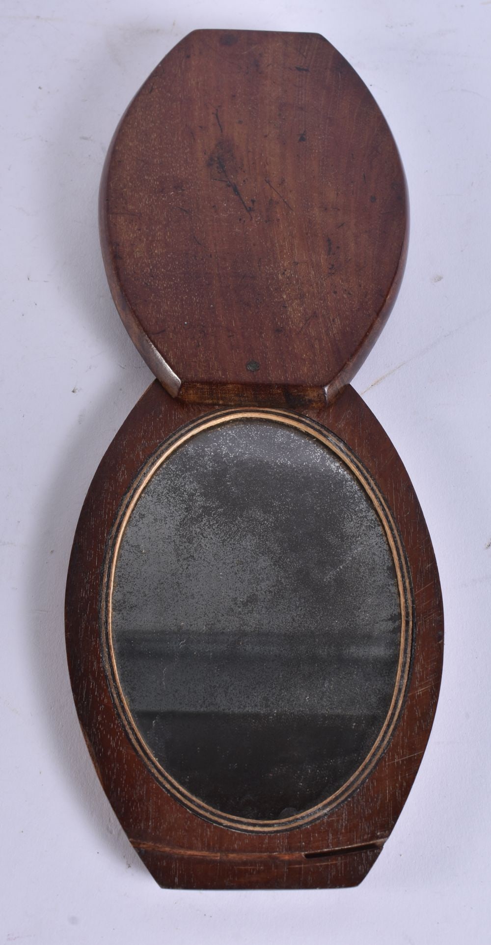 A 19TH CENTURY MILITARY TRAVELLING MAHOGANY CAMPAIGN MIRROR. 18 cm x 12 cm. (1 of 3)