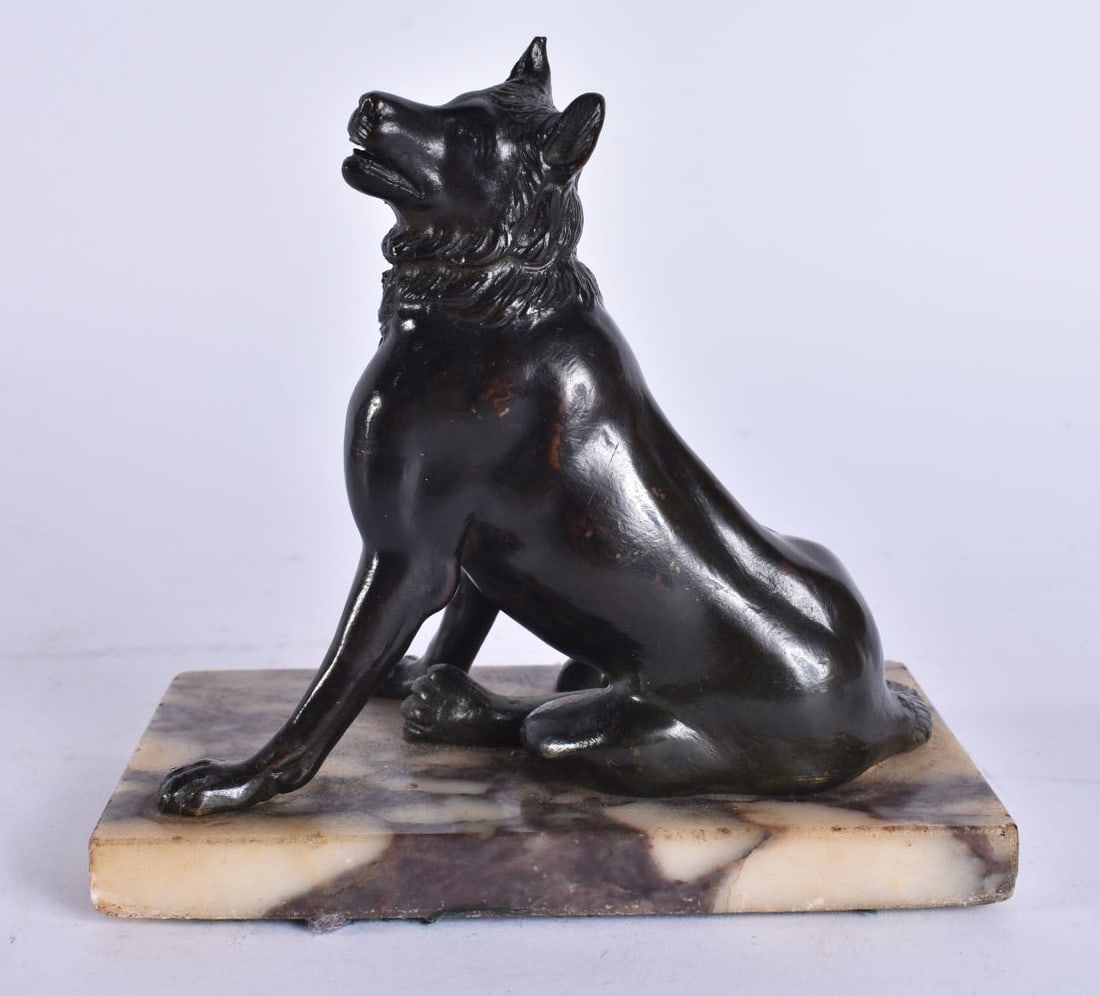 A 19TH CENTURY EUROPEAN GRAND TOUR BRONZE FIGURE OF A HOUND modelled upon a marble base. 12 cm x 13 (1 of 5)