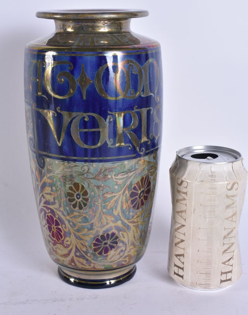AN UNUSUAL PILKINGTONS ROYAL LANCASTRIAN LUSTRE VASE painted with an armorial and motto. 24.5 cm hig (1 of 5)