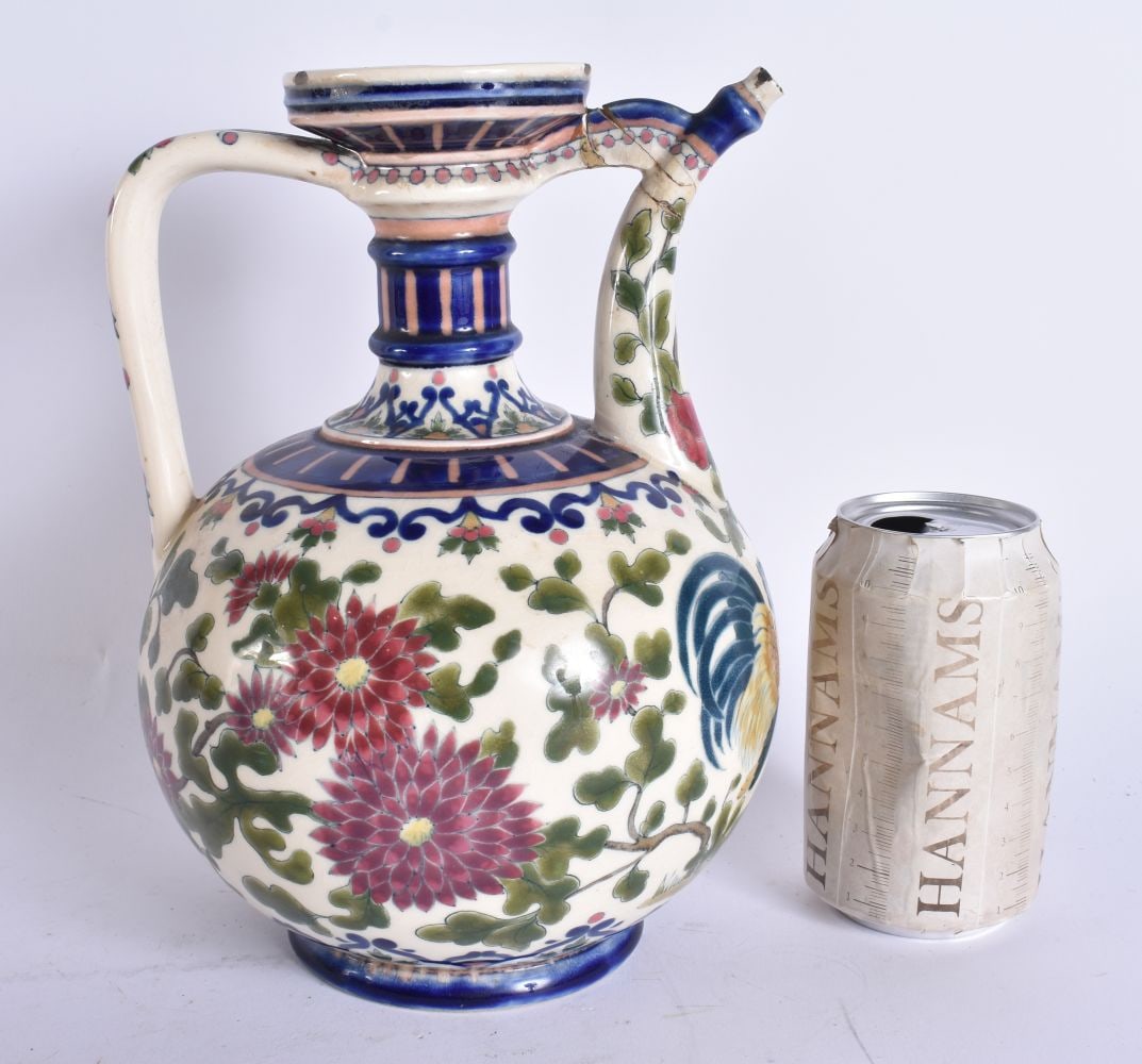 AN UNUSUAL HUNGARIAN ZSOLNAY PECS EWER painted with flowers and fowl. 25.5 cm x 15 cm. (1 of 6)