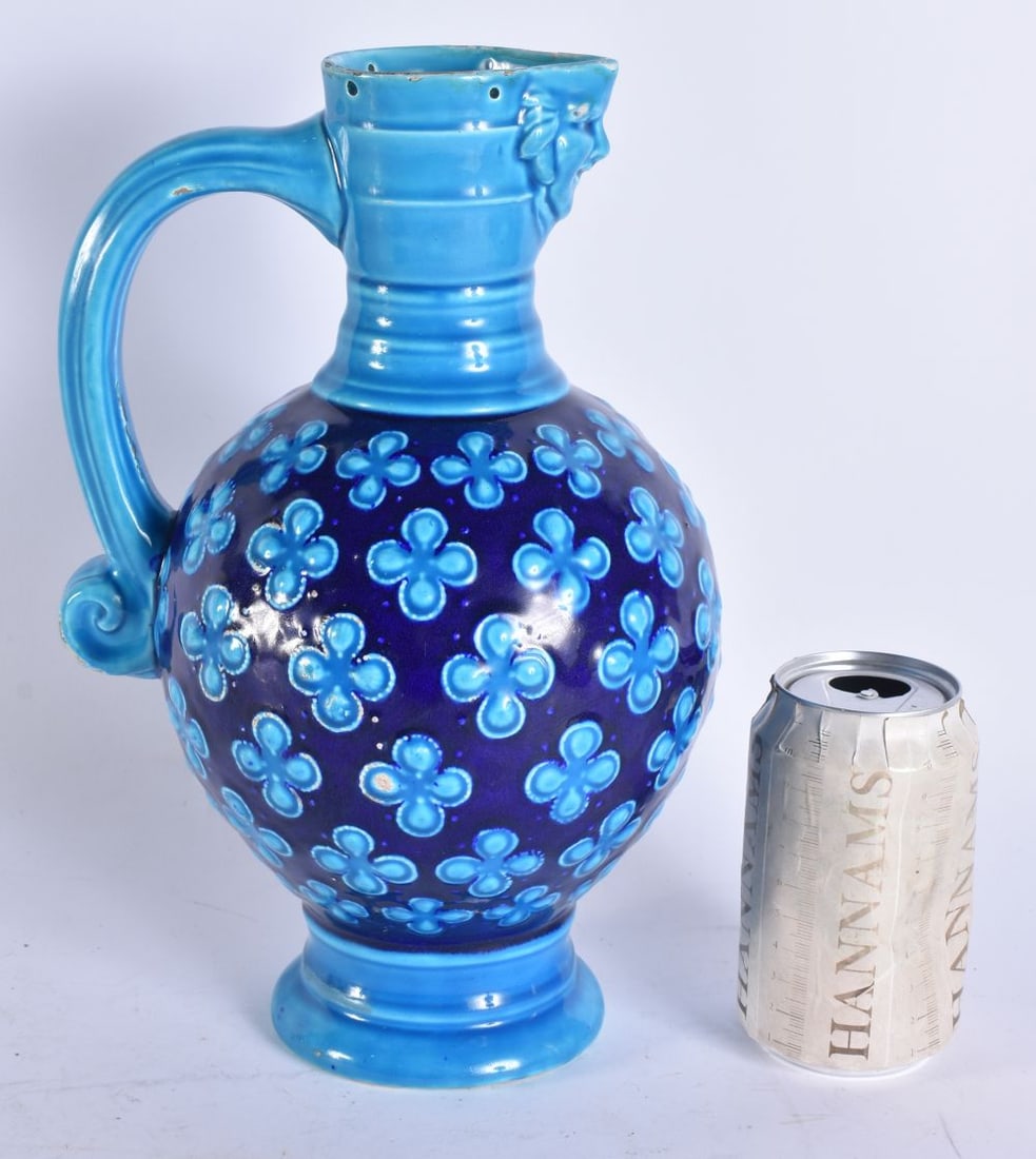 A LARGE VICTORIAN MINTON TURQUOISE GLAZED JUG. 30 cm high. (1 of 6)