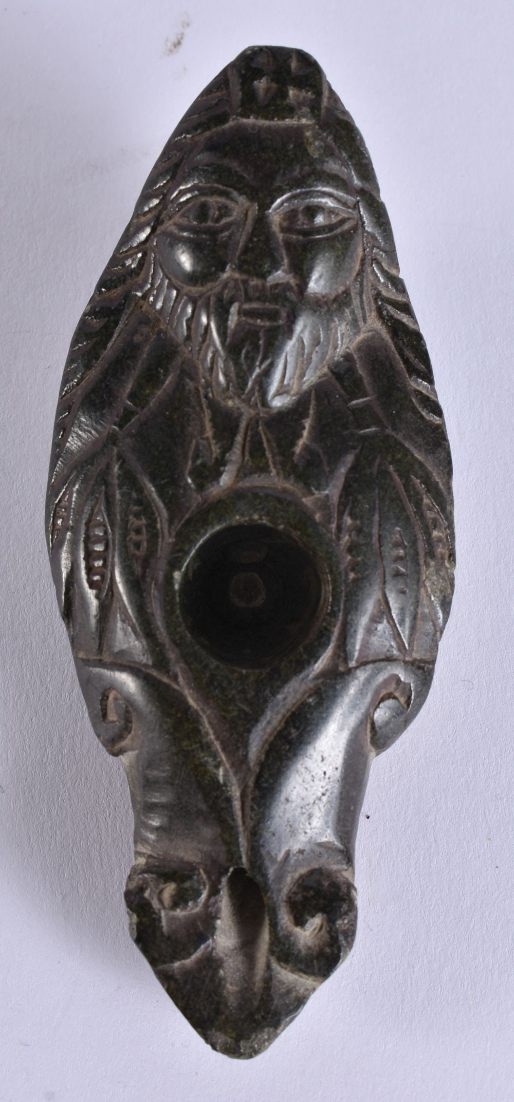 AN EARLY ANTIQUITY CARVED STONE OIL LAMP. 9.5 cm x 4.5 cm. (1 of 4)