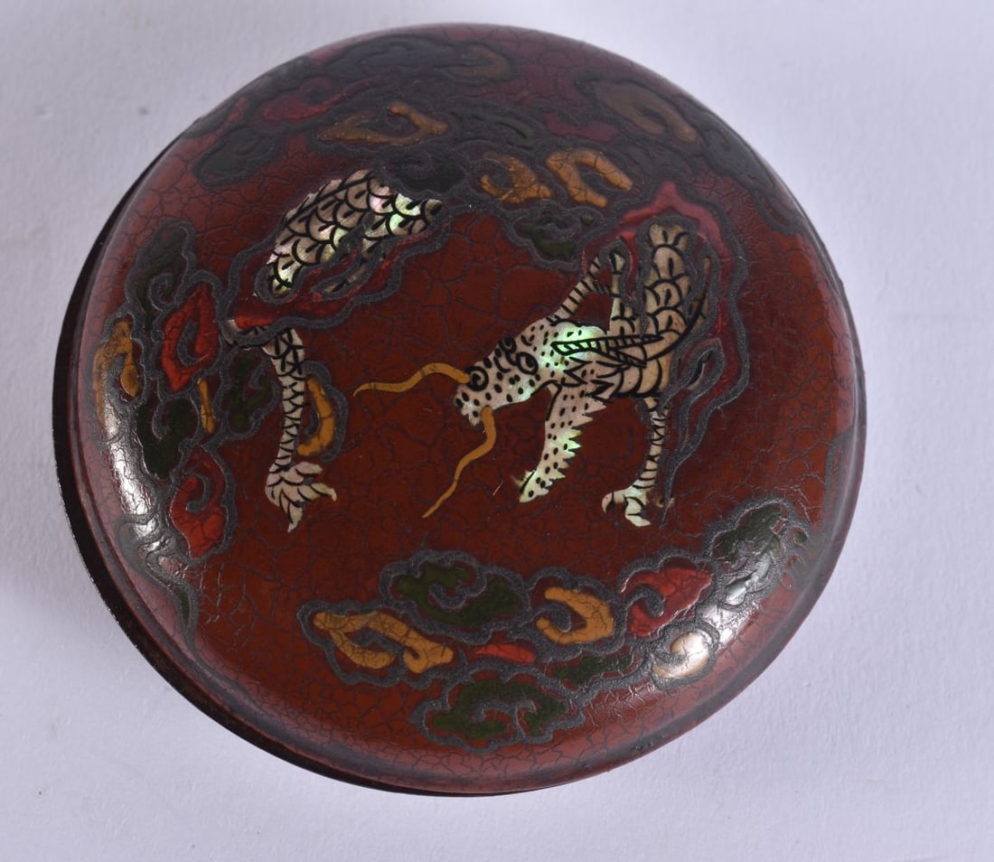 A 19TH CENTURY JAPANESE MEIJI PERIOD RED LACQUER KOGO AND COVER decorated with a stylised dragon. 7. (1 of 6)
