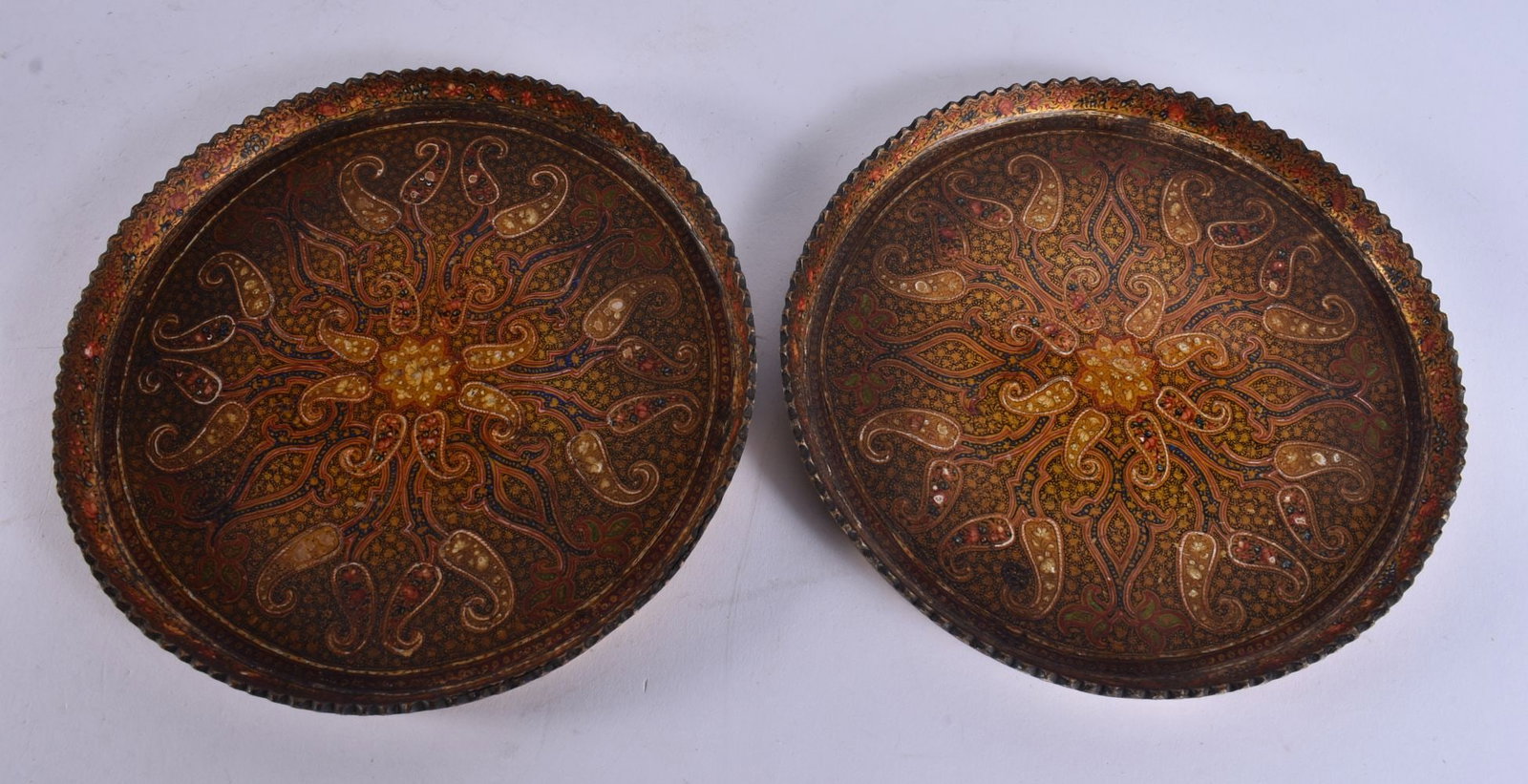 A PAIR OF ANTIQUE KASHMIR PAPIER MACHE ISLAMIC DISHES. 17.5 cm wide. (1 of 4)