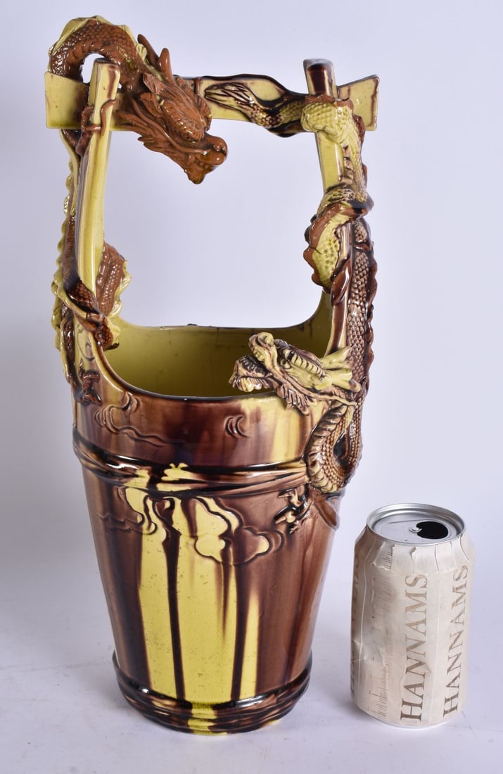 AN UNUSUAL 19TH CENTURY EUROPEAN POTTERY MAJOLICA BASKET modelled in the Japanese style. 38 cm x 15 (1 of 6)