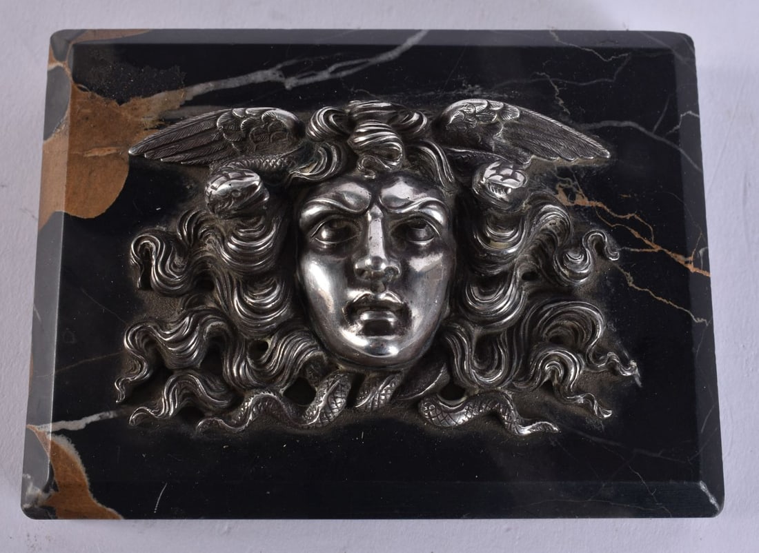 A LOVELY 19TH CENTURY EUROPEAN GRAND TOUR SILVERED BRONZE PAPERWEIGHT formed with a mask head. 11.5 (1 of 4)