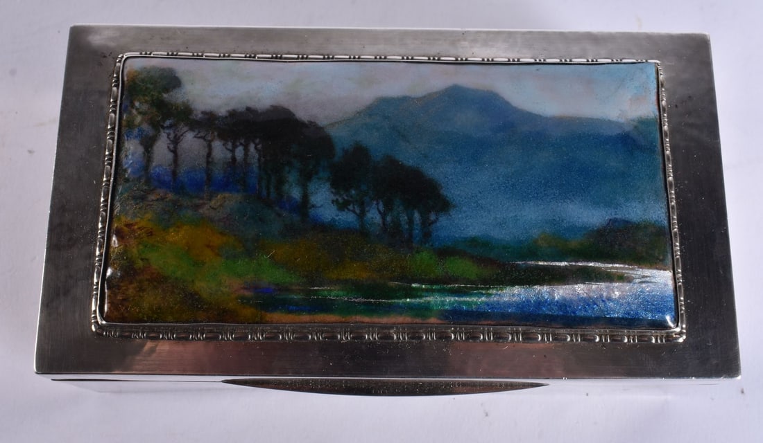 A FINE AND UNUSUAL LIBERTY & CO SILVER AND ENAMEL BOX painted with a landscape. 564 grams overall. L (1 of 7)