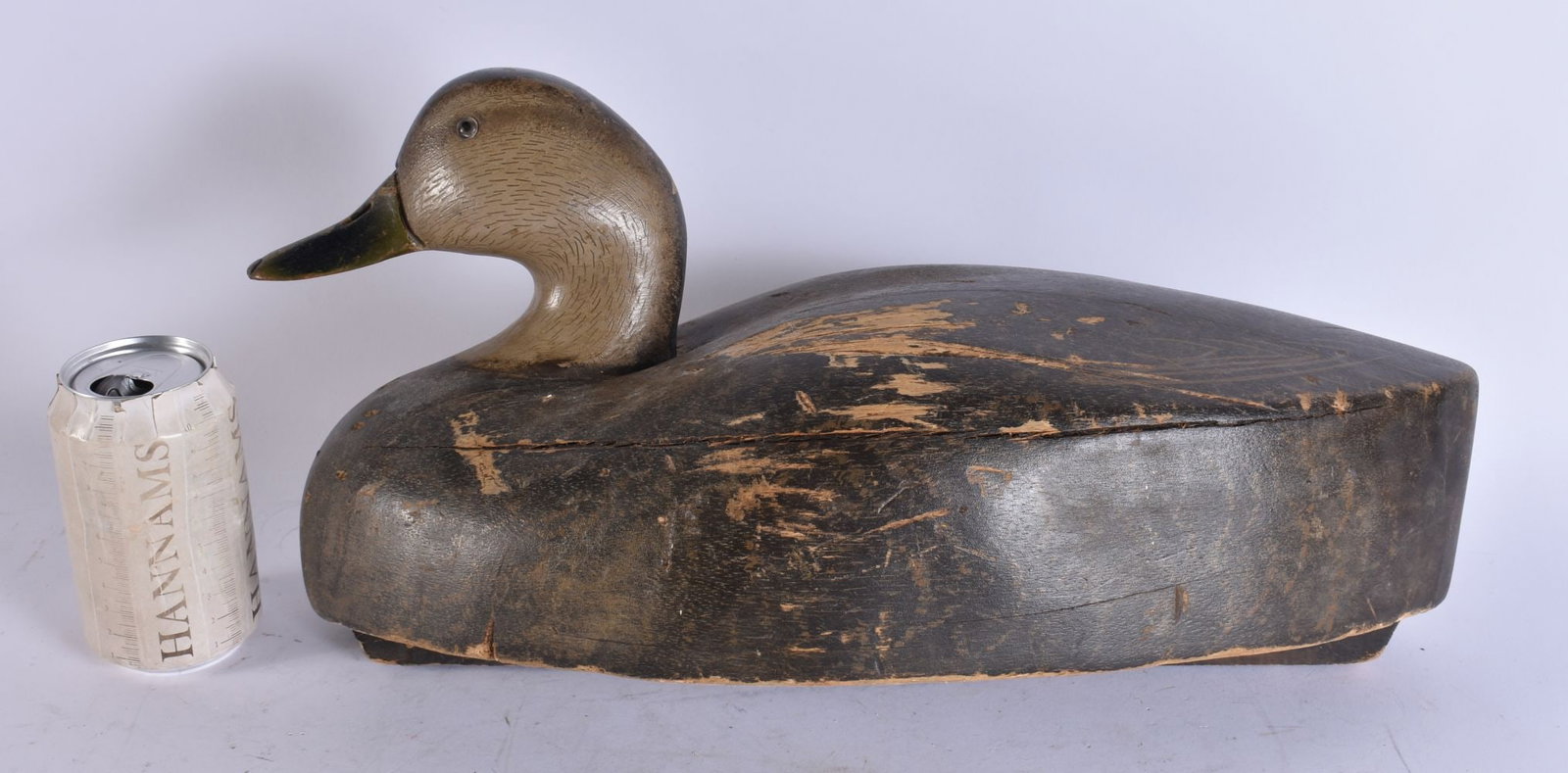 A LARGE ANTIQUE FOLK ART CARVED WOOD DUCK DECOY. 44 cm x 22 cm. (1 of 6)