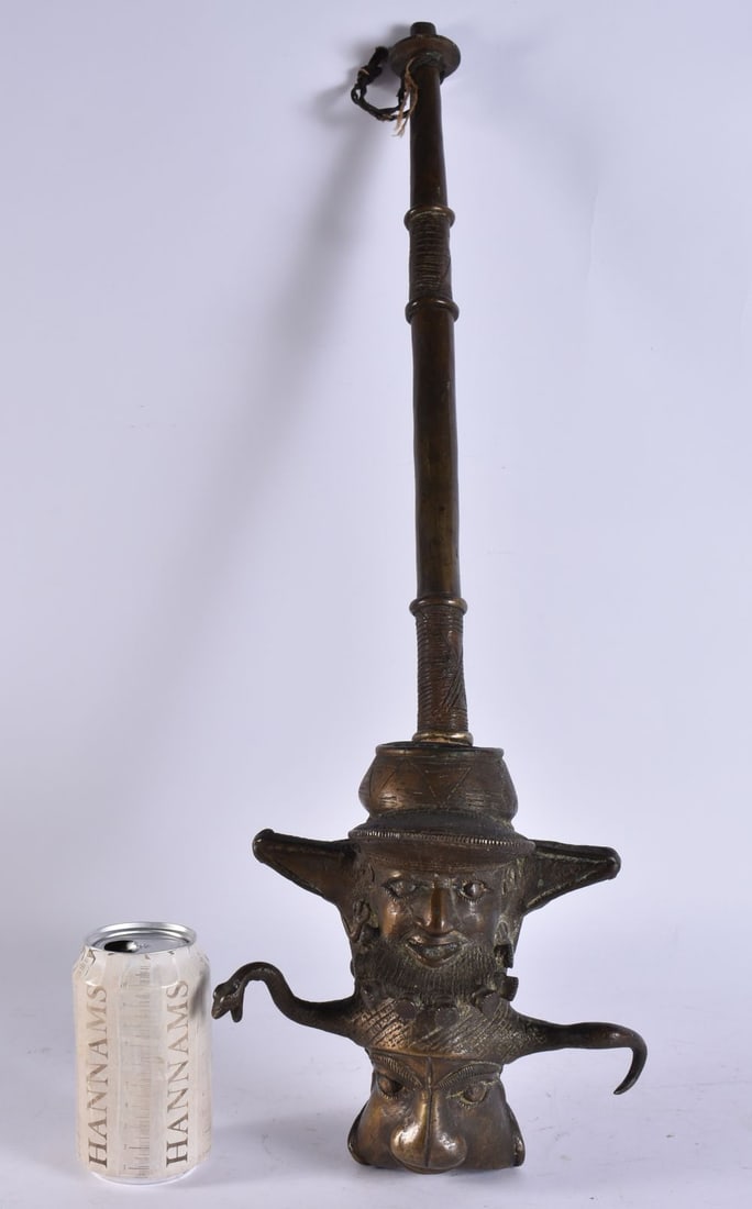 A LARGE ANTIQUE AFRICAN TRIBAL BENIN BRONZE PIPE. 69 cm long. (1 of 5)