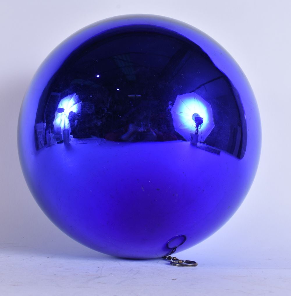 A RARE LARGE VICTORIAN/EDWARDIAN COBALT BLUE GLASS WITCHES BALL. 24 cm x 24 cm. (1 of 3)
