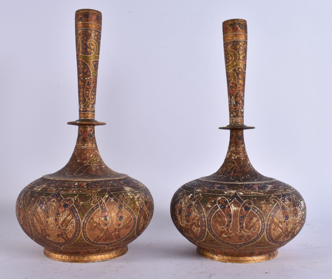 A NEAR PAIR OF ANTIQUE KASHMIRI LACQUER VASES decorated with flowers. Largest 28.5 cm high. (1 of 4)