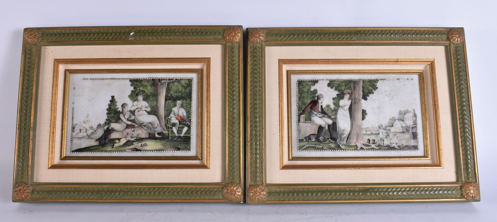 A RARE PAIR OF GEORGE III OPAQUE ENAMELLED GLASS PLAQUES painted with figures within a landscape. 38: A RARE PAIR OF GEORGE III OPAQUE ENAMELLED GLASS PLAQUES painted with figures within a landscape. 38 cm x 28 cm, image 22 cm x 12 cm.