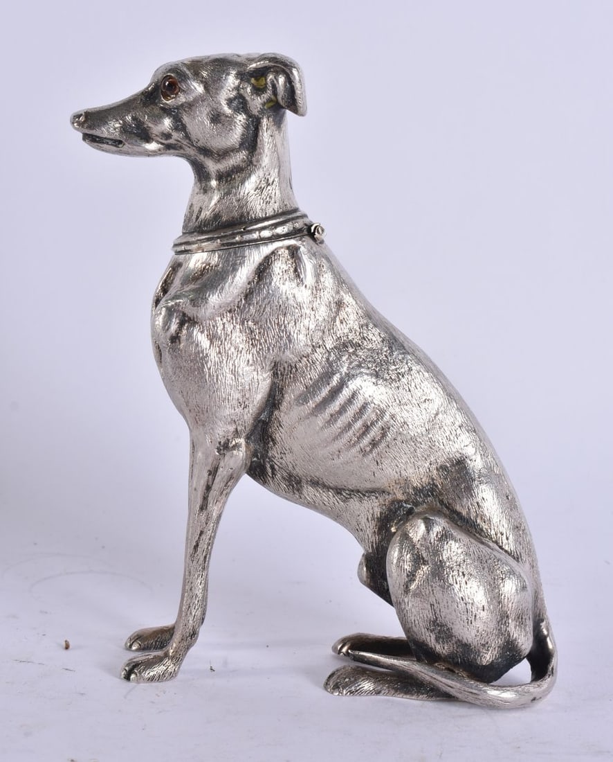 AN UNUSUAL VICTORIAN SILVER PLATED SEATED WHIPPET INKWELL. 16 cm high. (1 of 4)