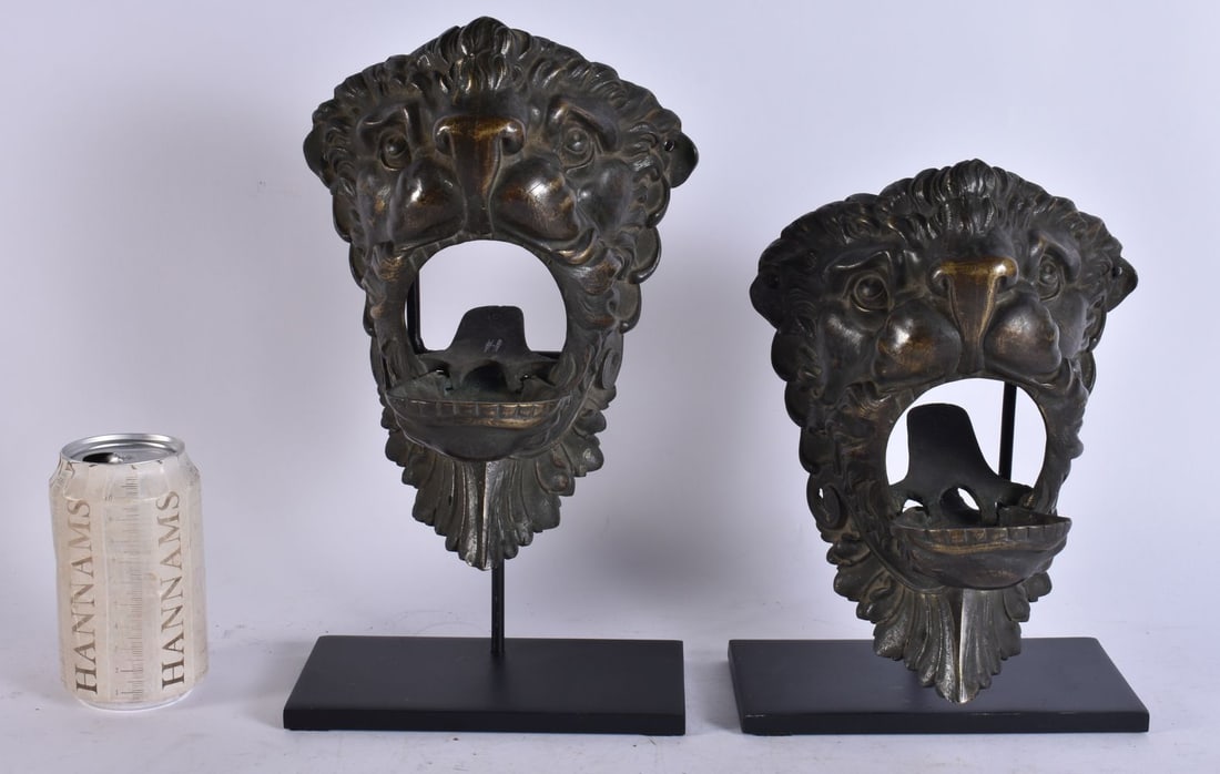 A FINE PAIR OF 18TH/19TH CENTURY CONTINENTAL BRONZE MASK HEADS with articulated mouths. Largest 30 c (1 of 4)