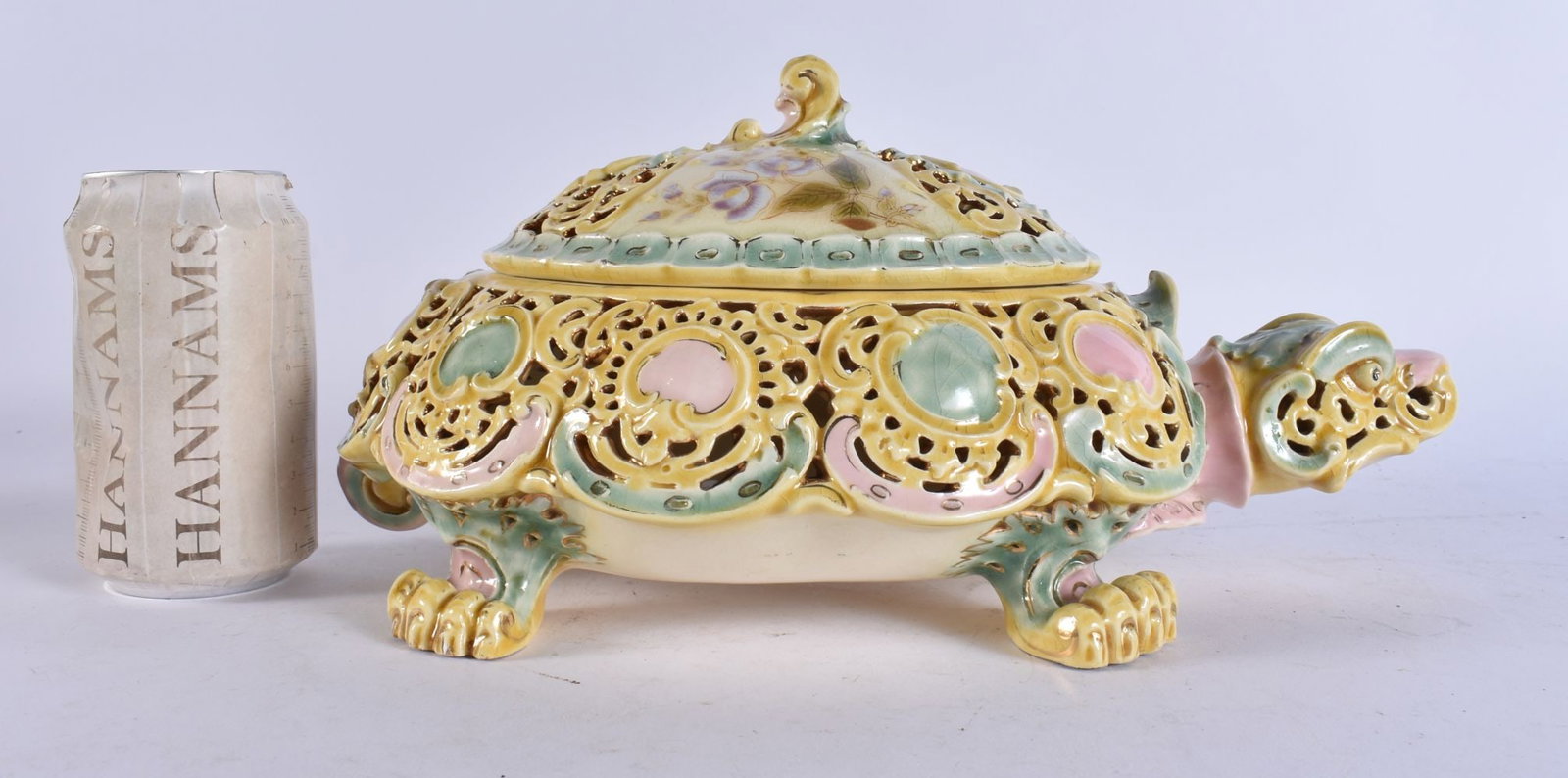 AN EXTREMELY RARE HUNGARIAN ZSOLNAY PECS POT POURRI AND COVER formed as a tortoise. 30 cm x 15 cm. (1 of 9)